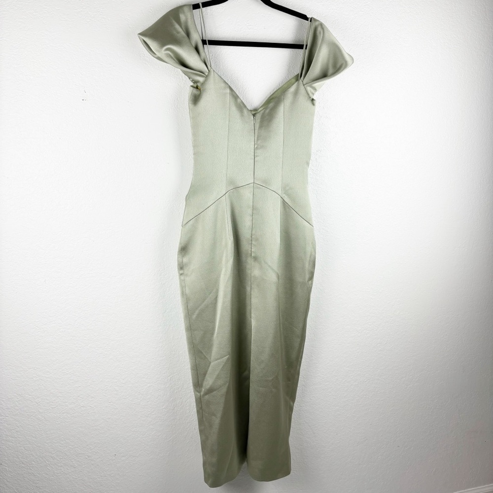 Rasario Cut Out Off The Shoulder Midi Dress Green Satin Cocktail Formal Evening — image 6 of 8